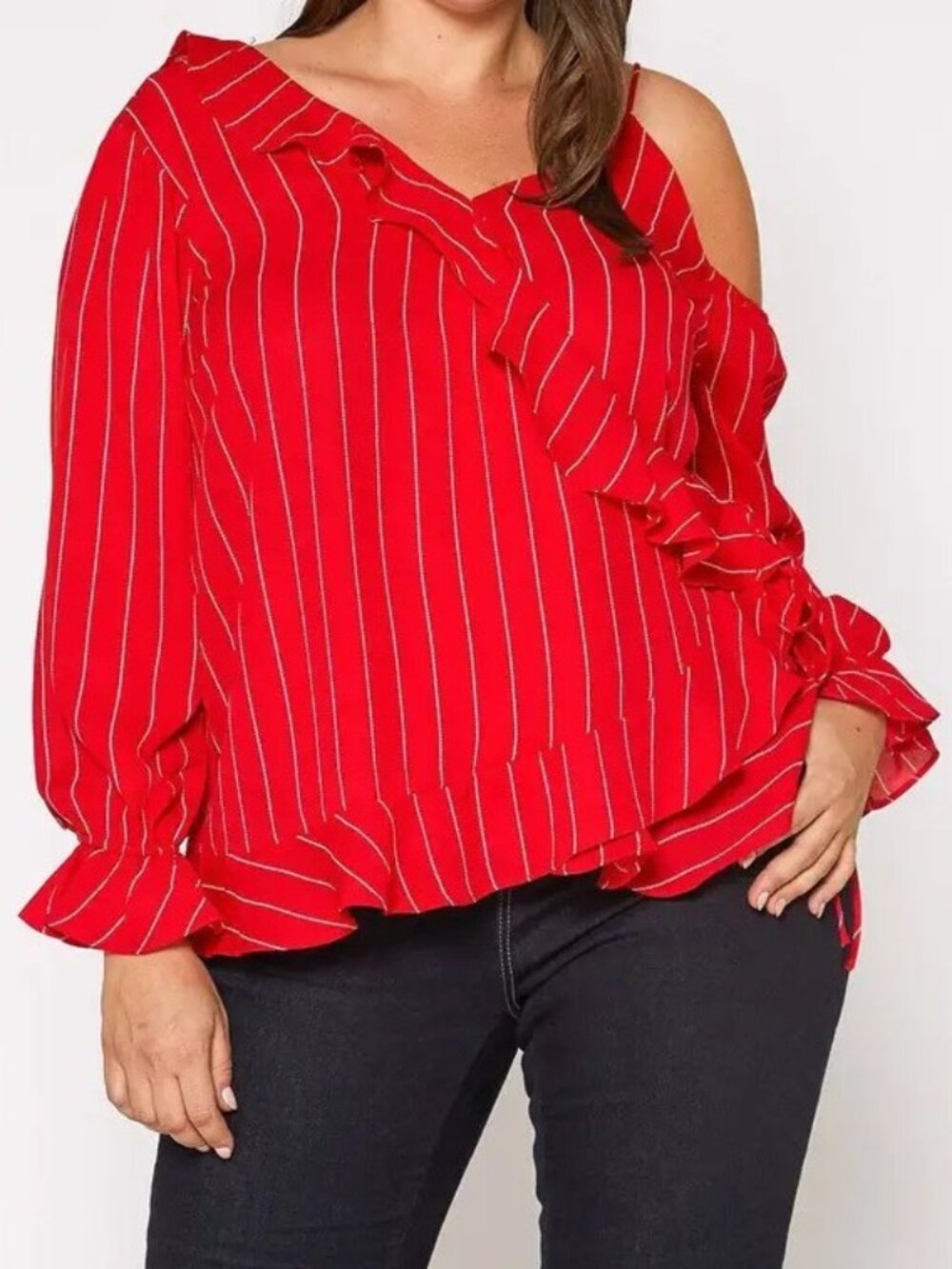 Asymmetrical Shoulder Ruffle Blouse